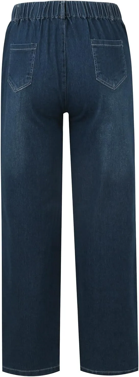 Straight Leg Jeans for Women Drawstring Elastic Waist Pull On Jeans Stretchy Boyfriend Baggy Cropped Denim Joggers