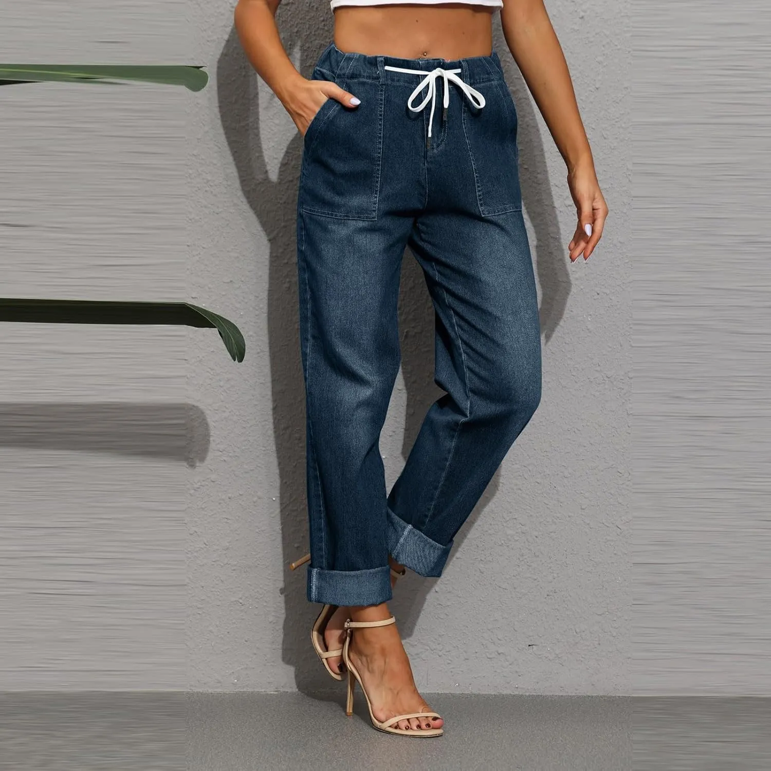 Straight Leg Jeans for Women Drawstring Elastic Waist Pull On Jeans Stretchy Boyfriend Baggy Cropped Denim Joggers