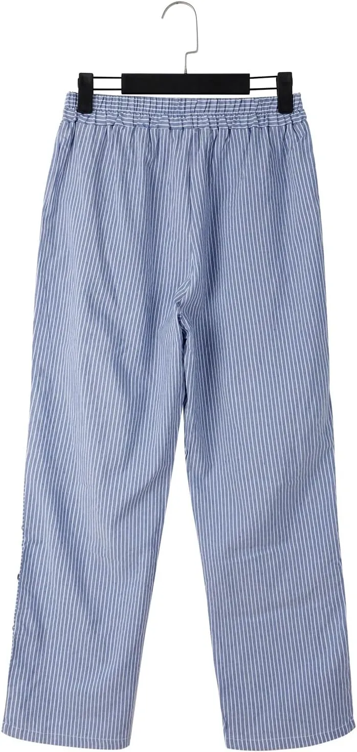 Striped Linen Pants Women Capri Gauze Side Button Elastic Waist Lightweight Casual Summer Beach Cropped Trousers 2025