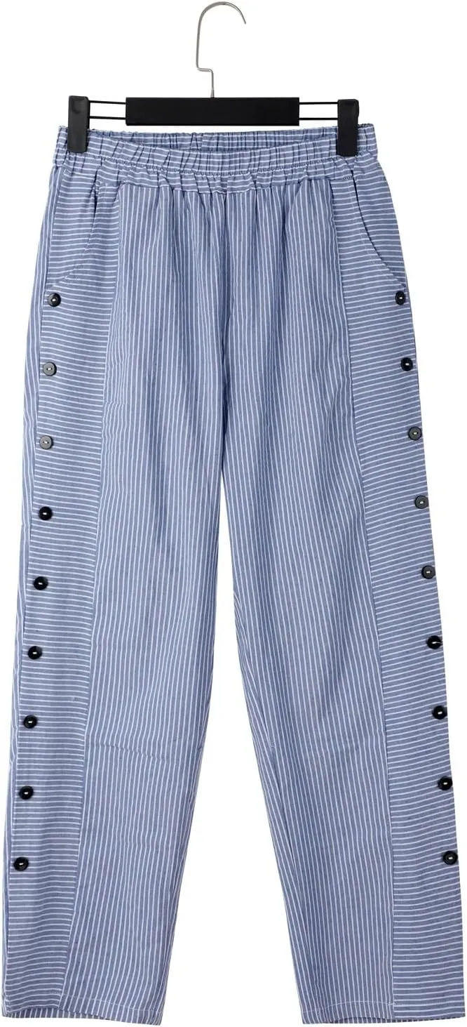 Striped Linen Pants Women Capri Gauze Side Button Elastic Waist Lightweight Casual Summer Beach Cropped Trousers 2025