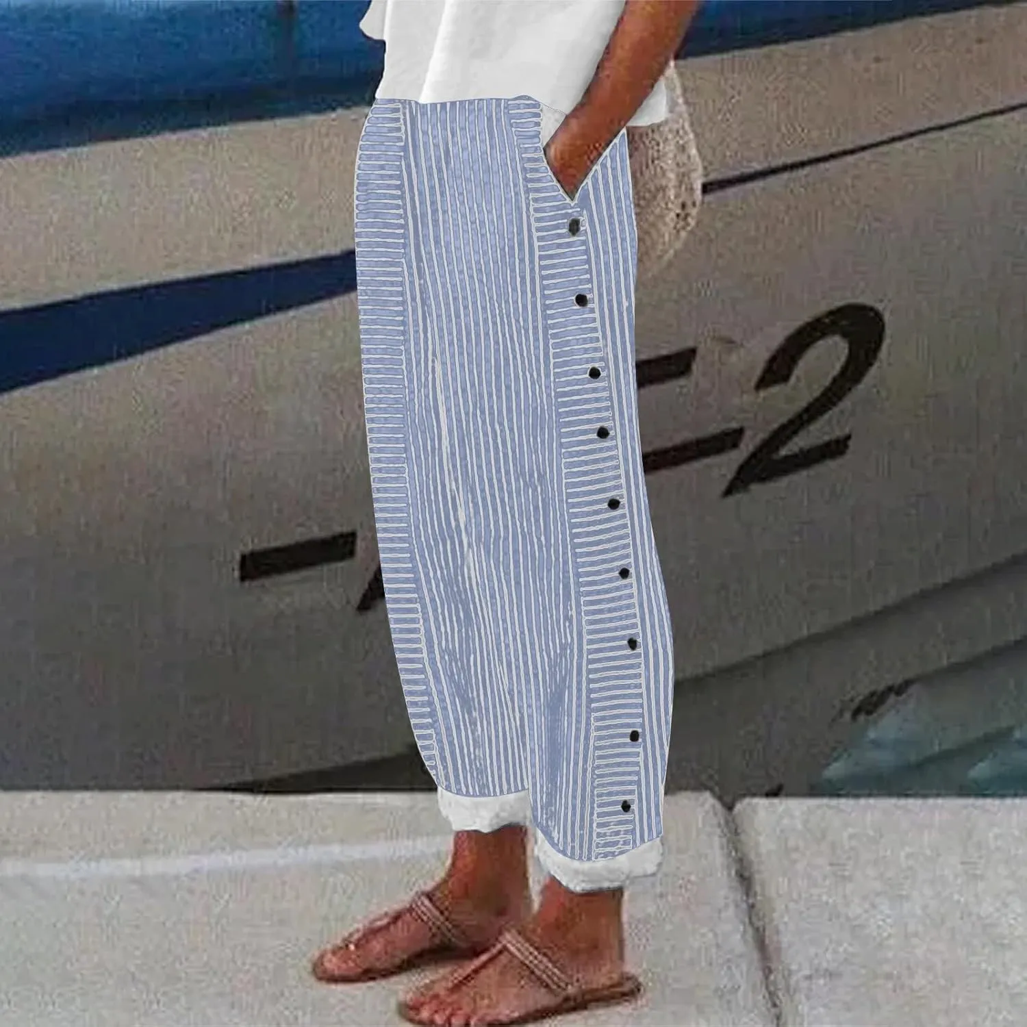 Striped Linen Pants Women Capri Gauze Side Button Elastic Waist Lightweight Casual Summer Beach Cropped Trousers 2025