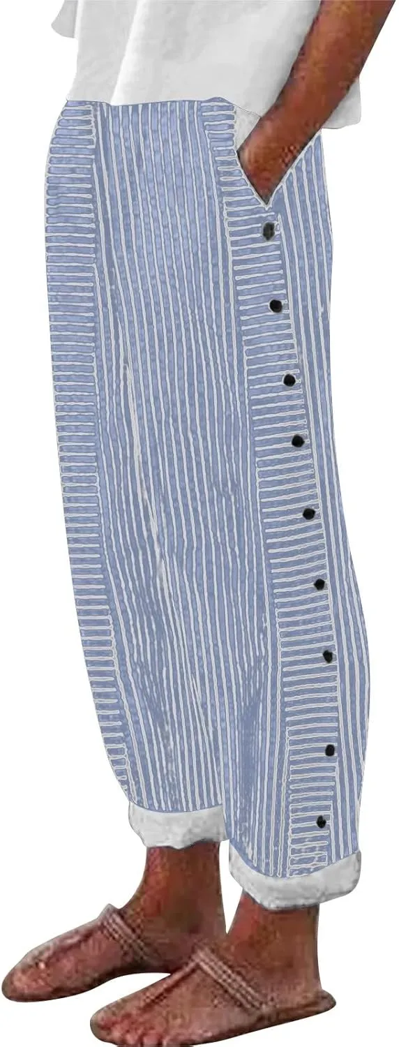 Striped Linen Pants Women Capri Gauze Side Button Elastic Waist Lightweight Casual Summer Beach Cropped Trousers 2025
