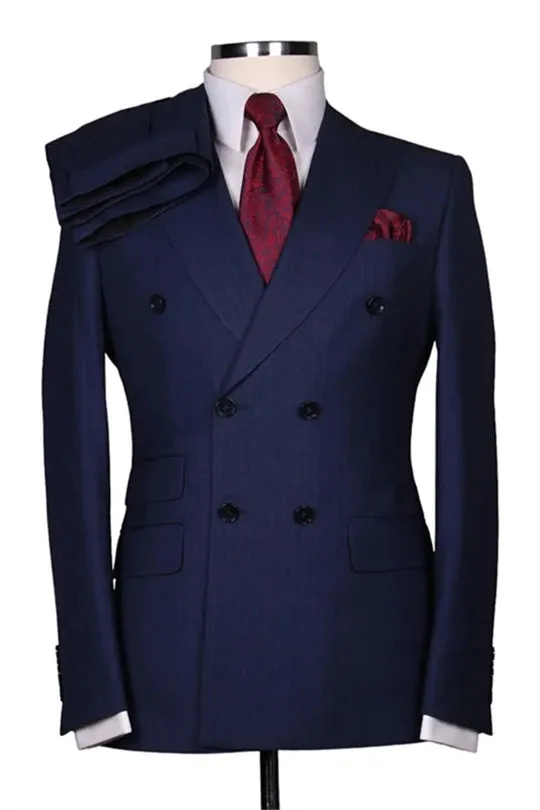 Suzhoufashion Beatris Dark Blue Double Breasted Striped Peaked Lapel Men Suits