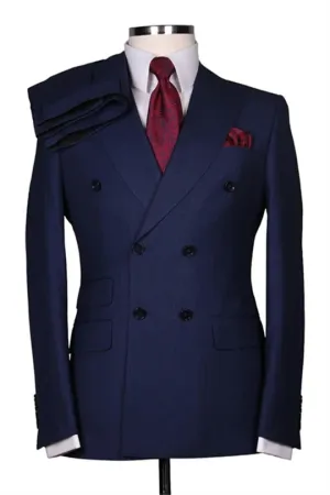 Suzhoufashion Beatris Dark Blue Double Breasted Striped Peaked Lapel Men Suits