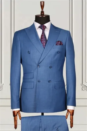 Suzhoufashion Ocean Blue Three Pieces Plaid Peaked Lapel Men Suits