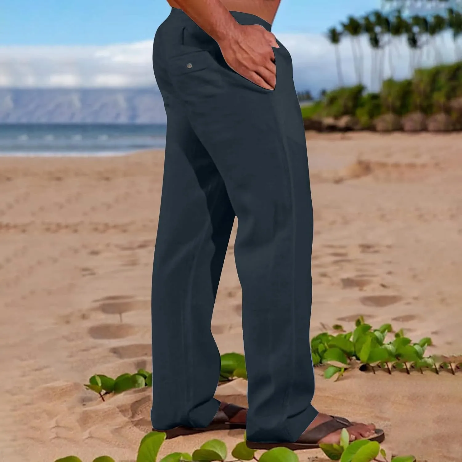 Sweatpants for Men 2024 Trendy Cotton Linen Casual Pants Straight Wide Leg Sweatpants Elastic Waist Drawstring Trouser