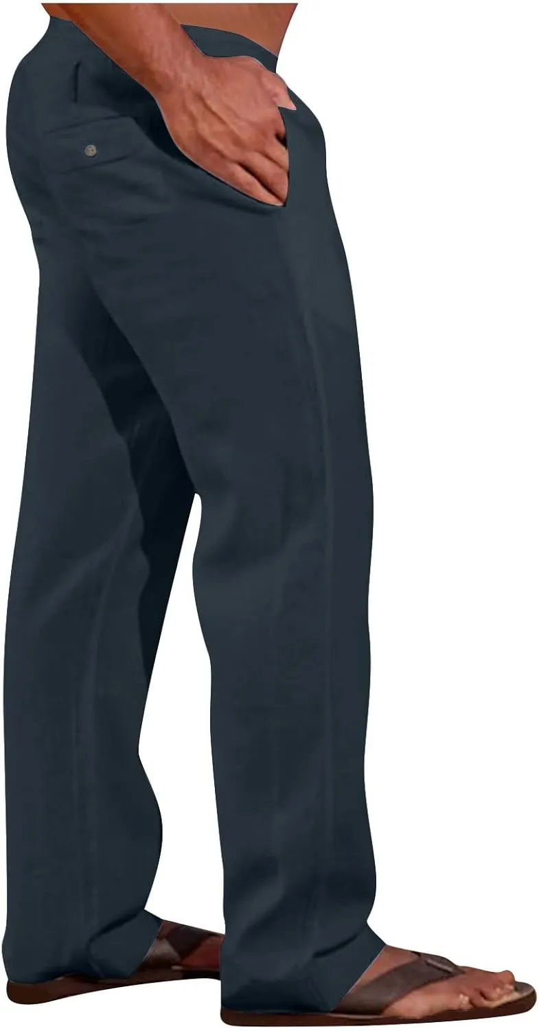 Sweatpants for Men 2024 Trendy Cotton Linen Casual Pants Straight Wide Leg Sweatpants Elastic Waist Drawstring Trouser