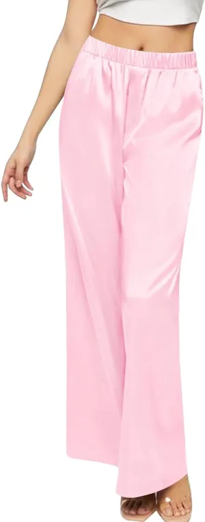 SWOMOG Women's Silk Satin Pajama Pants Longs Silky Sleep Pants Loungewear Trousers Elastic Waist Lounge Pj Bottoms