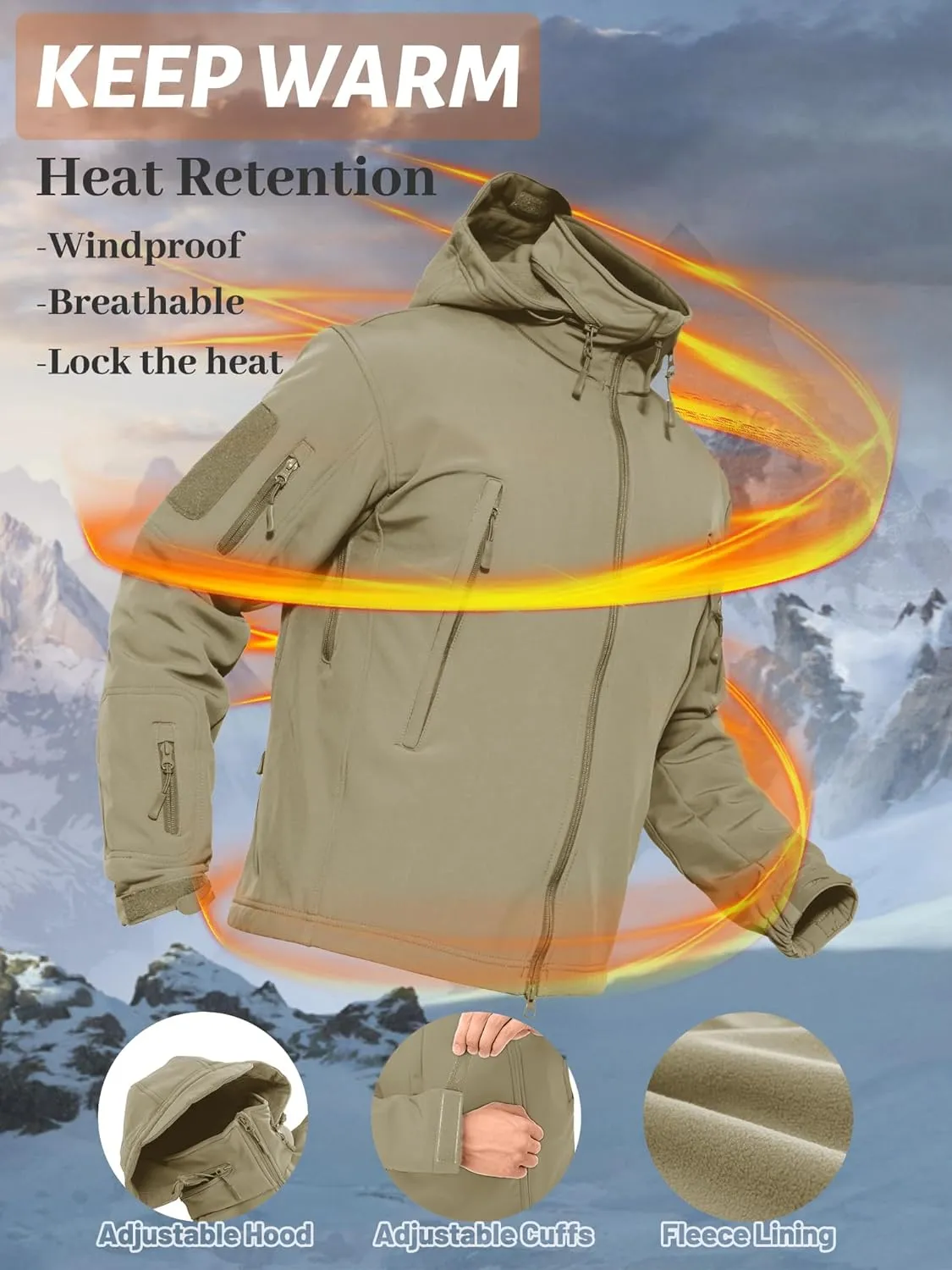 TACVASEN Men's Fleece Lined Tactical Jacket Waterproof Military Hoodie Winter Softshell Jacket Rain Coat Warm Hiking Hunting