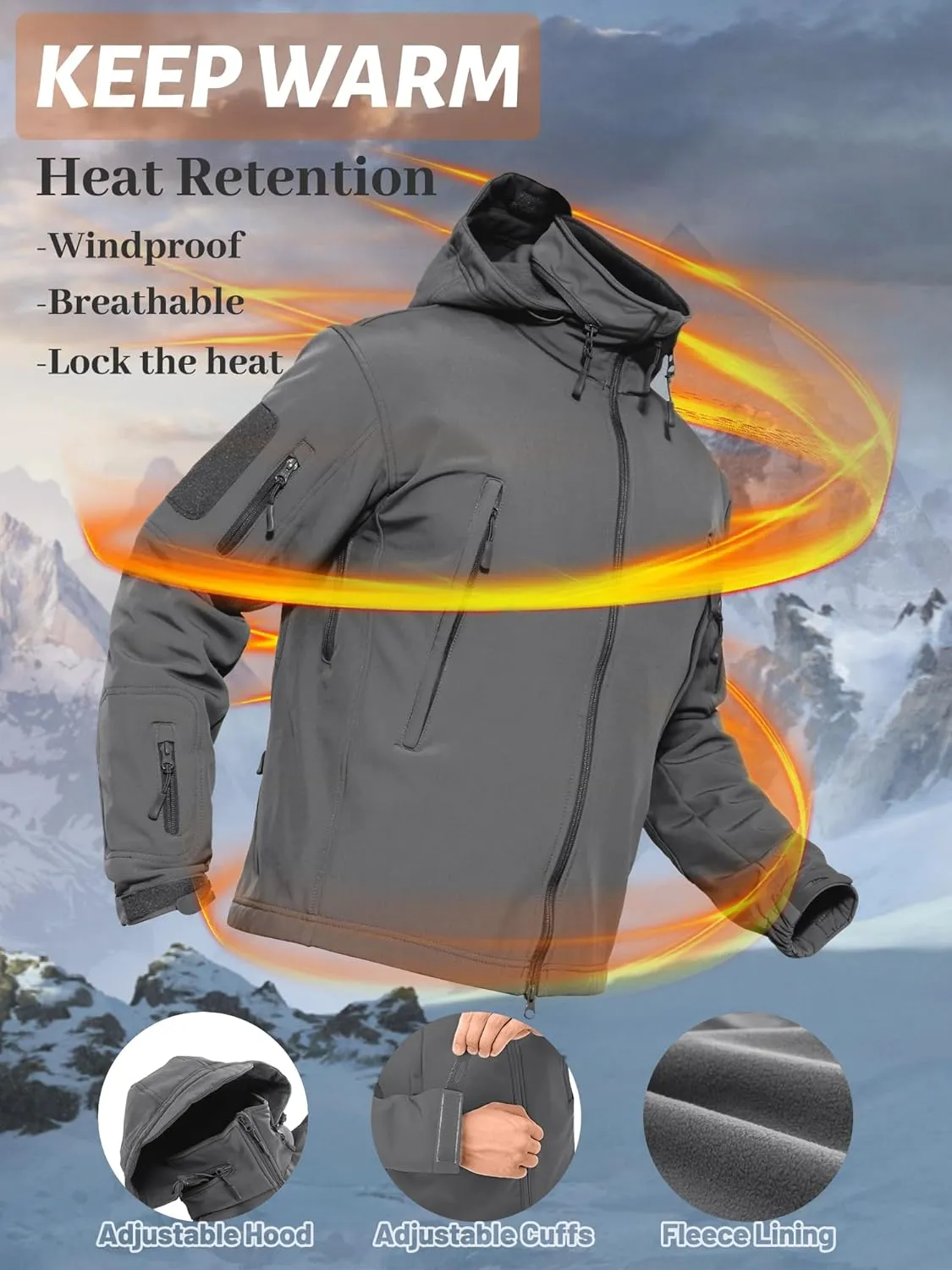 TACVASEN Men's Fleece Lined Tactical Jacket Waterproof Military Hoodie Winter Softshell Jacket Rain Coat Warm Hiking Hunting