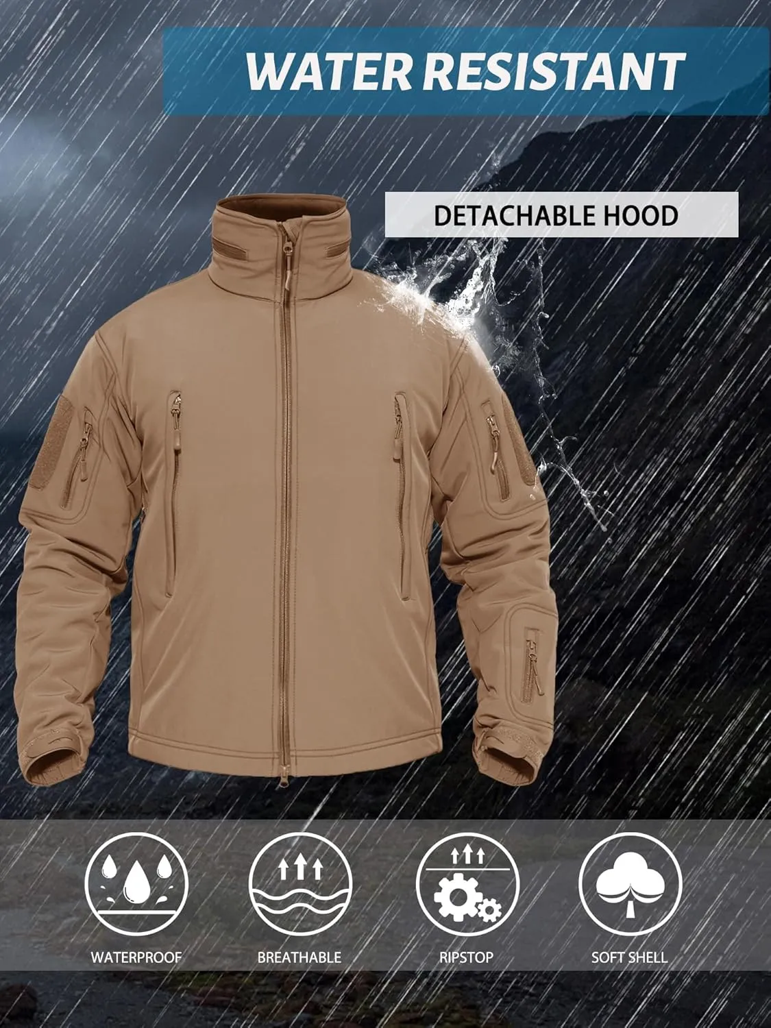 TACVASEN Men's Fleece Lined Tactical Jacket Waterproof Military Hoodie Winter Softshell Jacket Rain Coat Warm Hiking Hunting