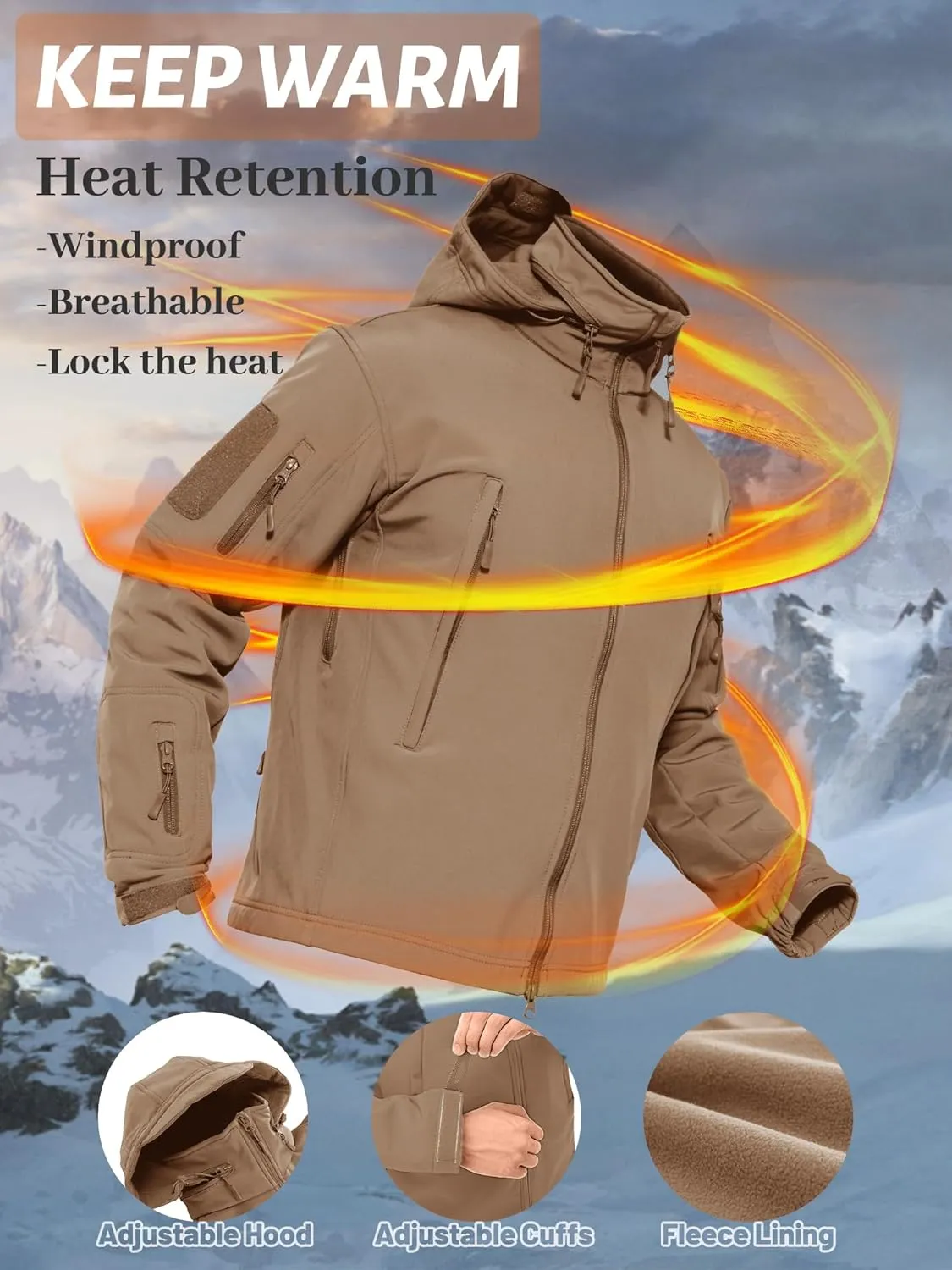 TACVASEN Men's Fleece Lined Tactical Jacket Waterproof Military Hoodie Winter Softshell Jacket Rain Coat Warm Hiking Hunting