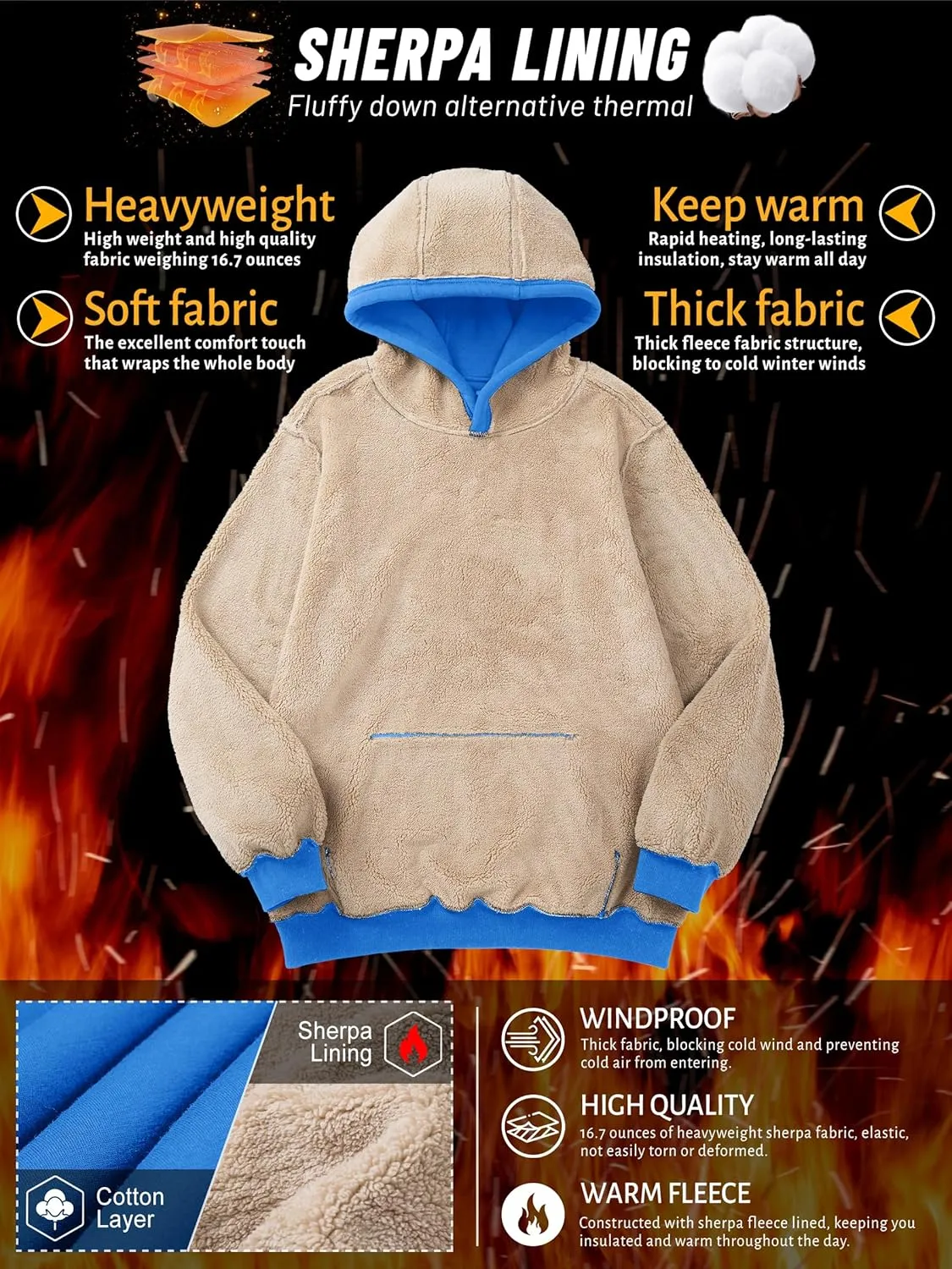 TACVASEN Men's Pullover Hoodie Thick Sherpa Lined Kangaroo Pocket Winter Windproof Warm Fleece Hoodie Athletic Sweatshirts