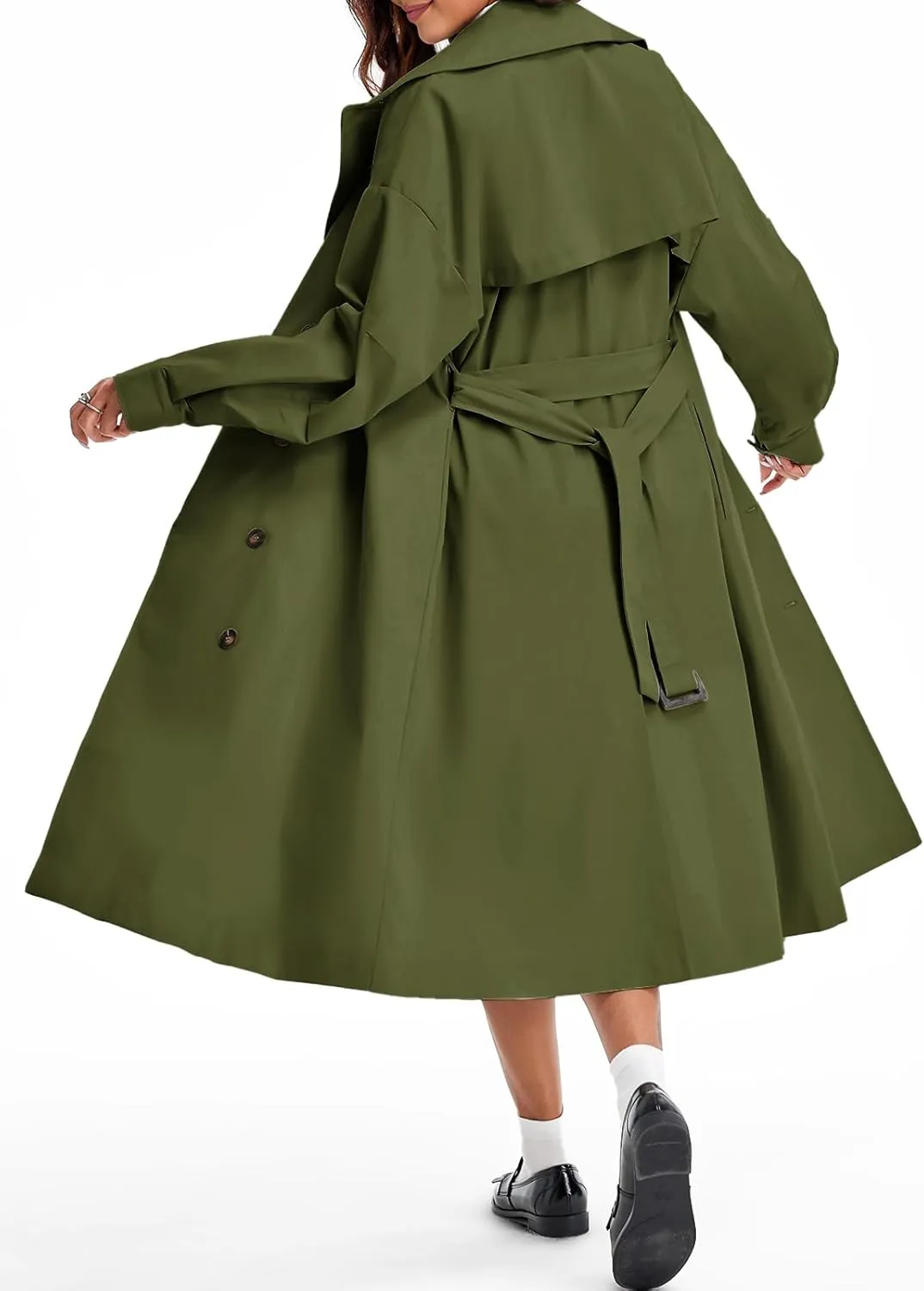 Tankaneo Womens Double Breasted Long Trench Coat Oversized Classic Lapel Belted Overcoat