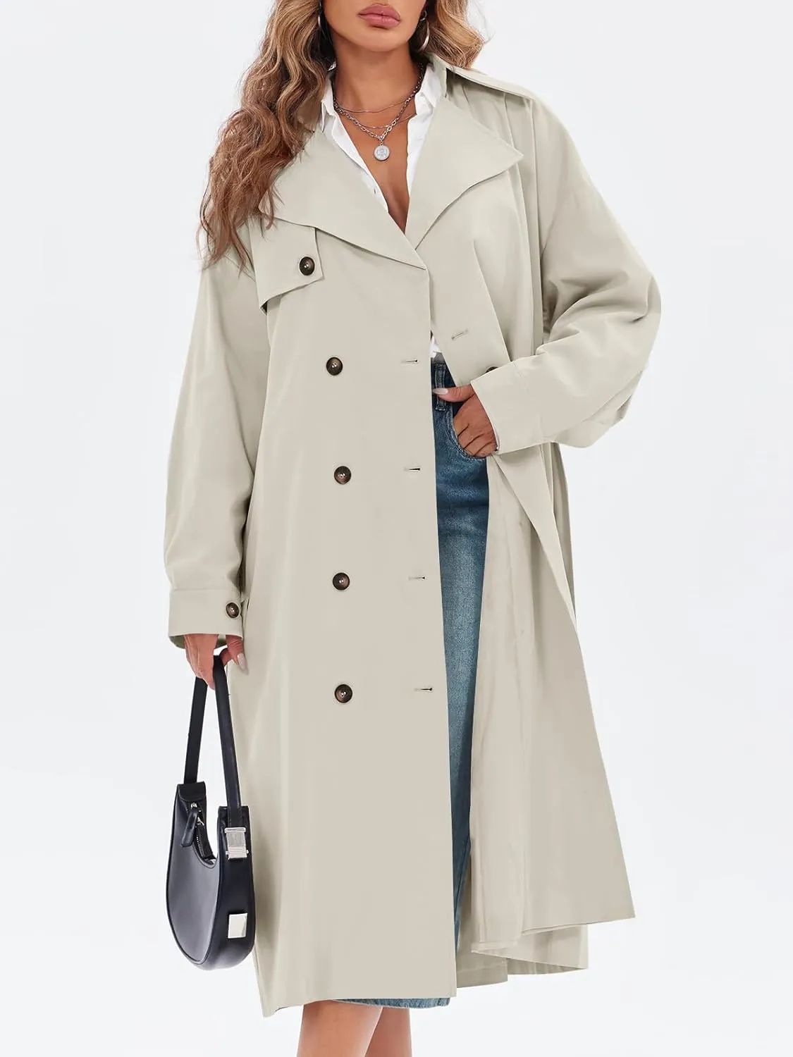Tankaneo Womens Double Breasted Long Trench Coat Oversized Classic Lapel Belted Overcoat