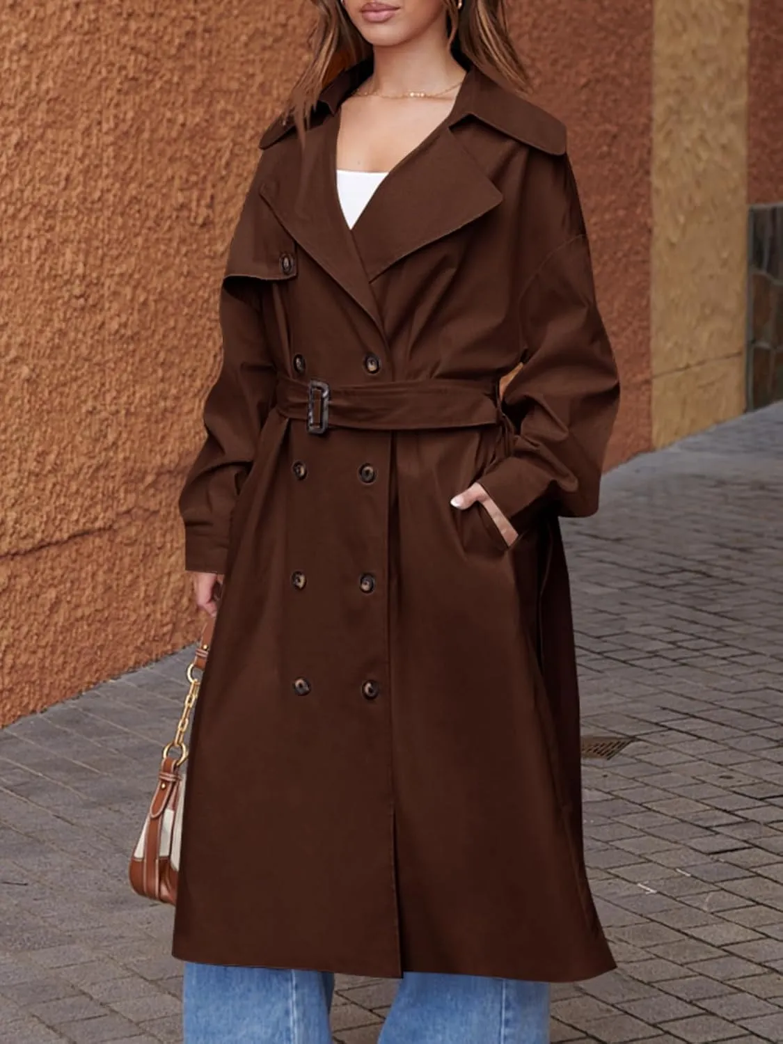 Tankaneo Womens Double Breasted Long Trench Coat Oversized Classic Lapel Belted Overcoat