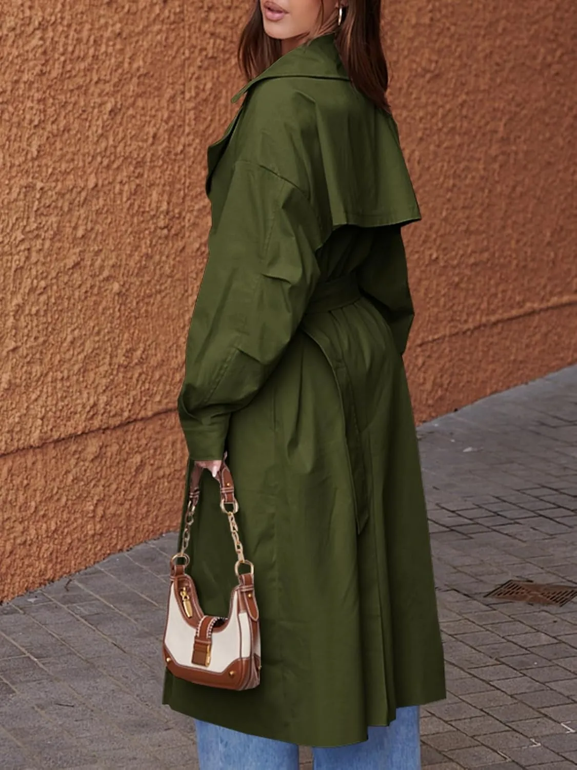 Tankaneo Womens Double Breasted Long Trench Coat Oversized Classic Lapel Belted Overcoat