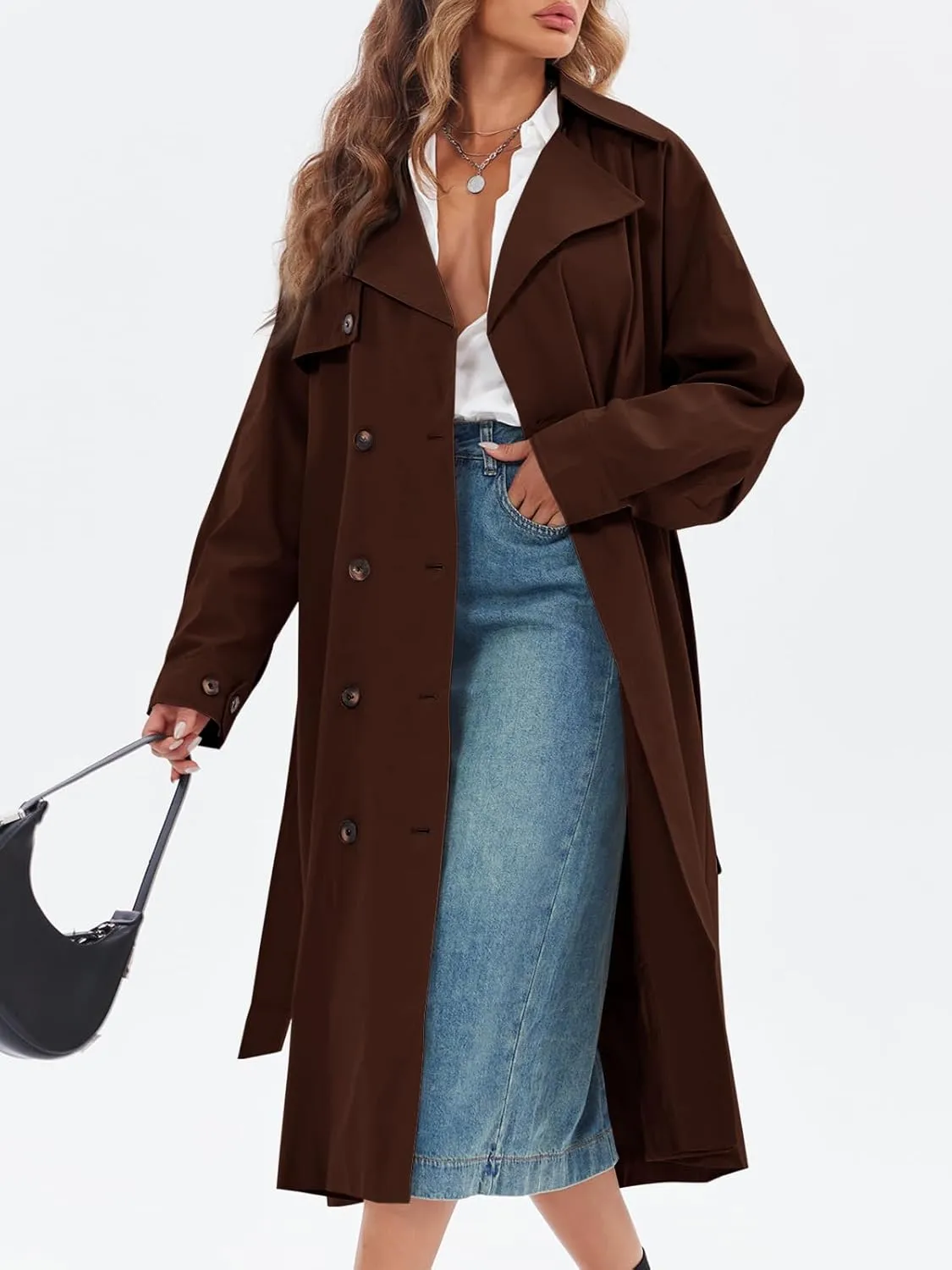 Tankaneo Womens Double Breasted Long Trench Coat Oversized Classic Lapel Belted Overcoat