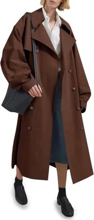 Tankaneo Womens Double Breasted Long Trench Coat Oversized Classic Lapel Belted Overcoat