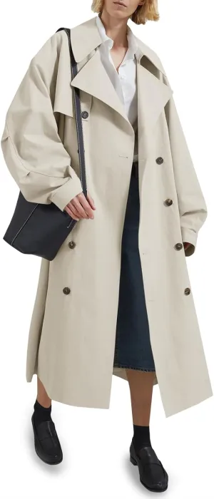 Tankaneo Womens Double Breasted Long Trench Coat Oversized Classic Lapel Belted Overcoat