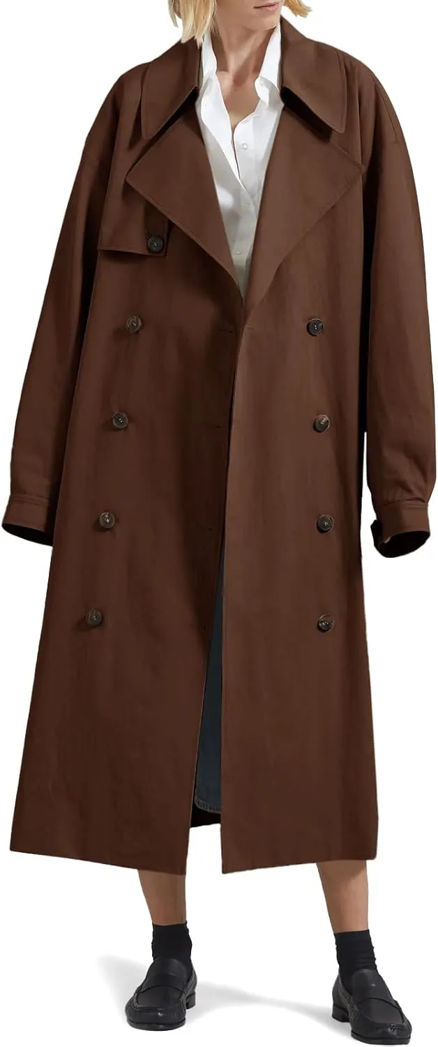 Tankaneo Womens Double Breasted Long Trench Coat Oversized Classic Lapel Belted Overcoat