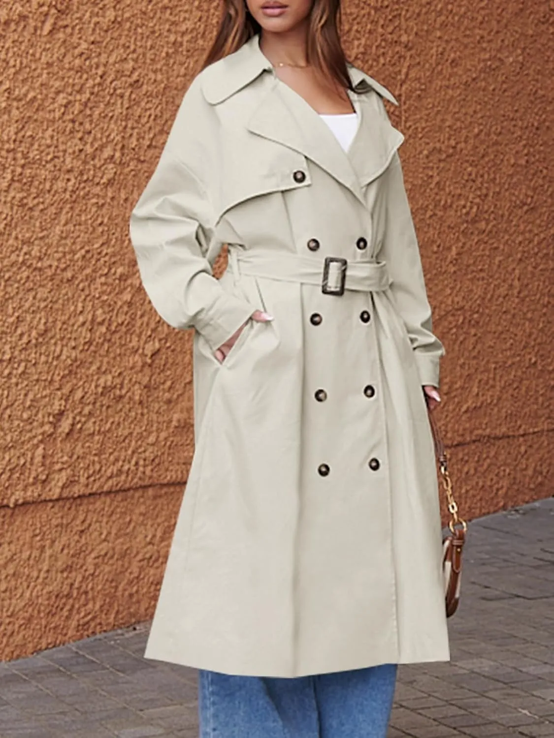 Tankaneo Womens Double Breasted Long Trench Coat Oversized Classic Lapel Belted Overcoat