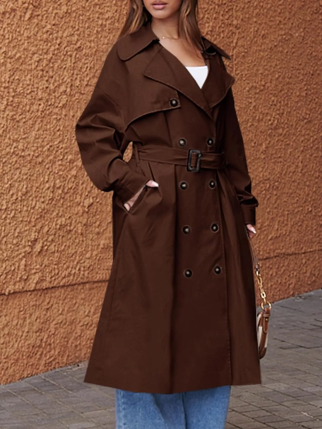 Tankaneo Womens Double Breasted Long Trench Coat Oversized Classic Lapel Belted Overcoat