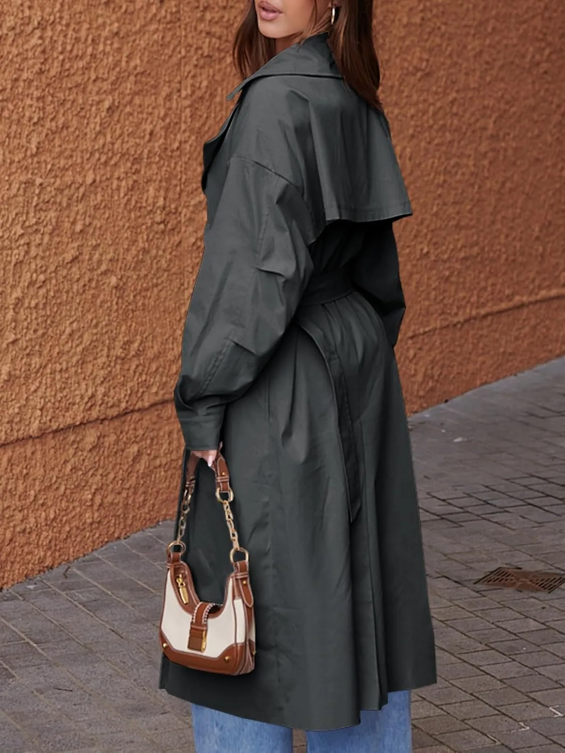 Tankaneo Womens Double Breasted Long Trench Coat Oversized Classic Lapel Belted Overcoat