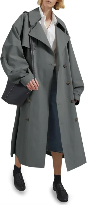 Tankaneo Womens Double Breasted Long Trench Coat Oversized Classic Lapel Belted Overcoat