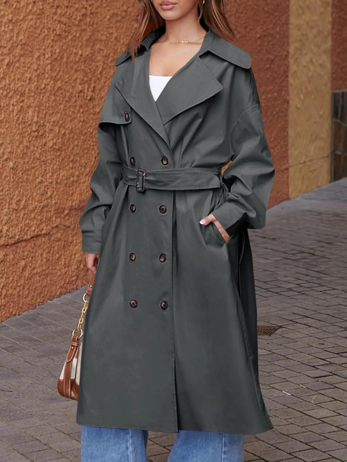 Tankaneo Womens Double Breasted Long Trench Coat Oversized Classic Lapel Belted Overcoat