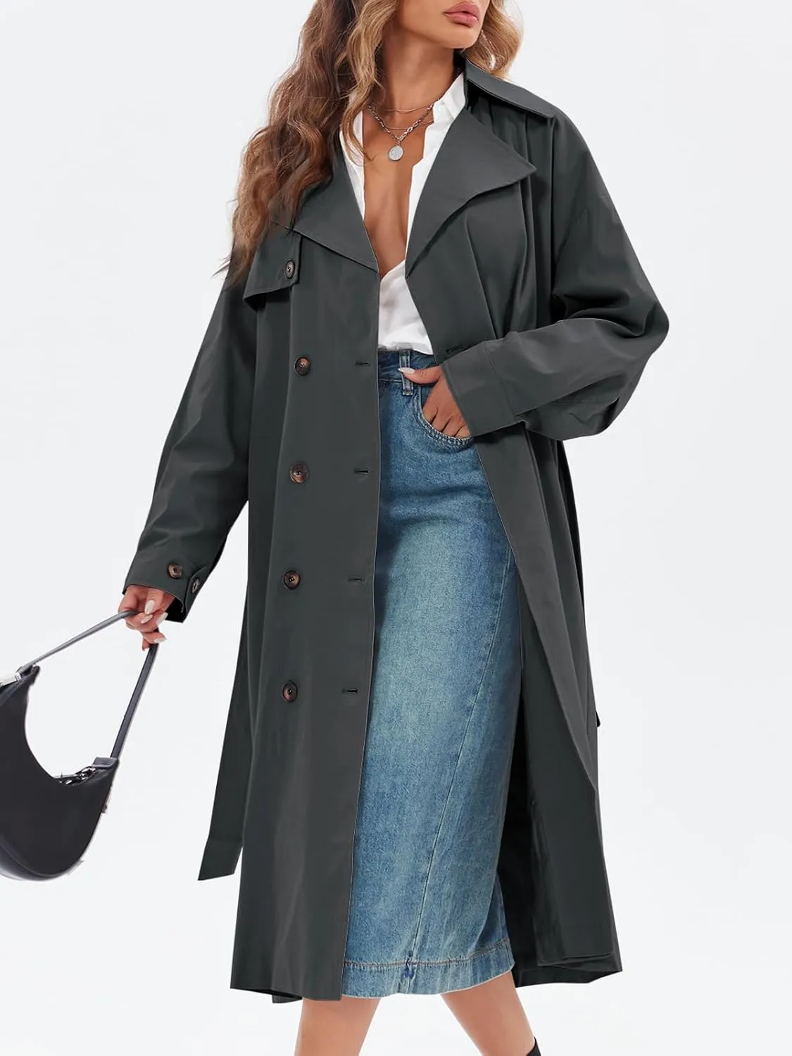 Tankaneo Womens Double Breasted Long Trench Coat Oversized Classic Lapel Belted Overcoat
