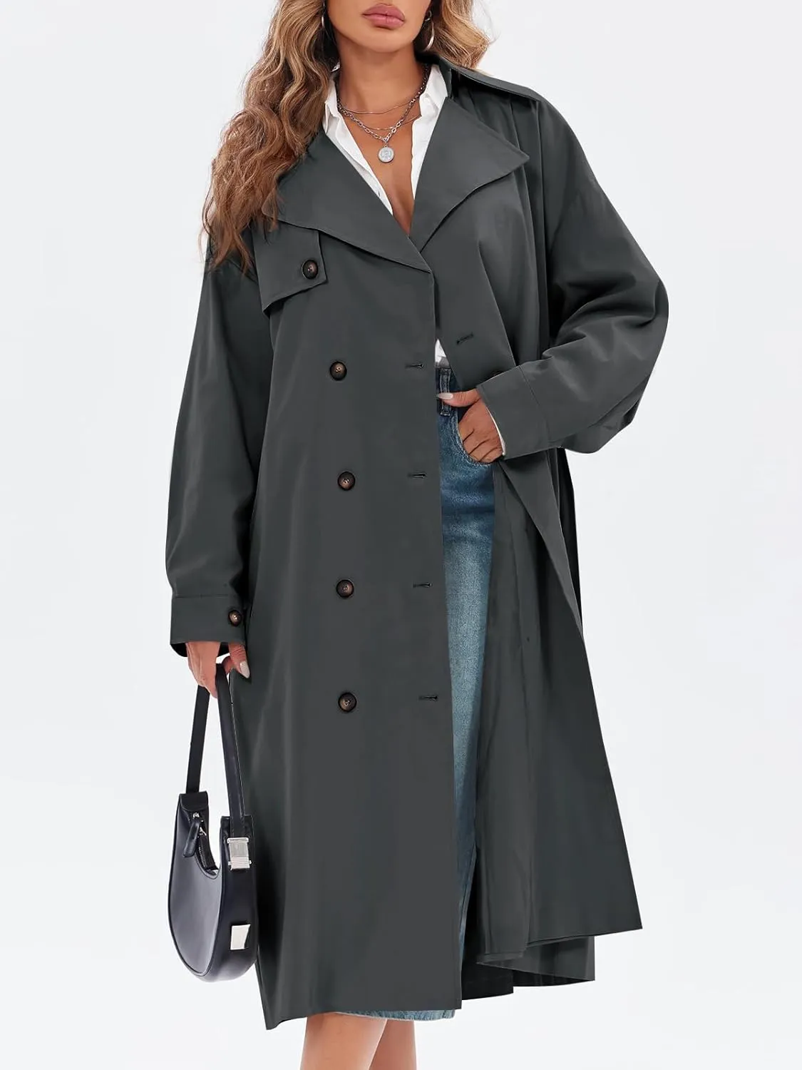 Tankaneo Womens Double Breasted Long Trench Coat Oversized Classic Lapel Belted Overcoat
