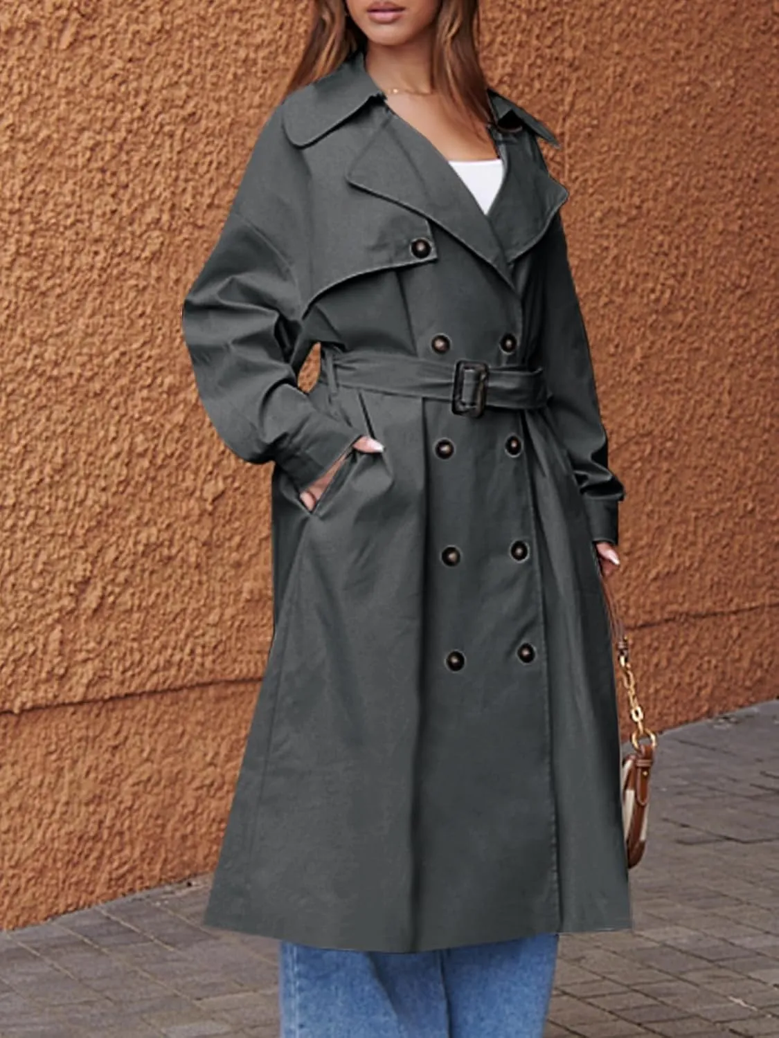 Tankaneo Womens Double Breasted Long Trench Coat Oversized Classic Lapel Belted Overcoat