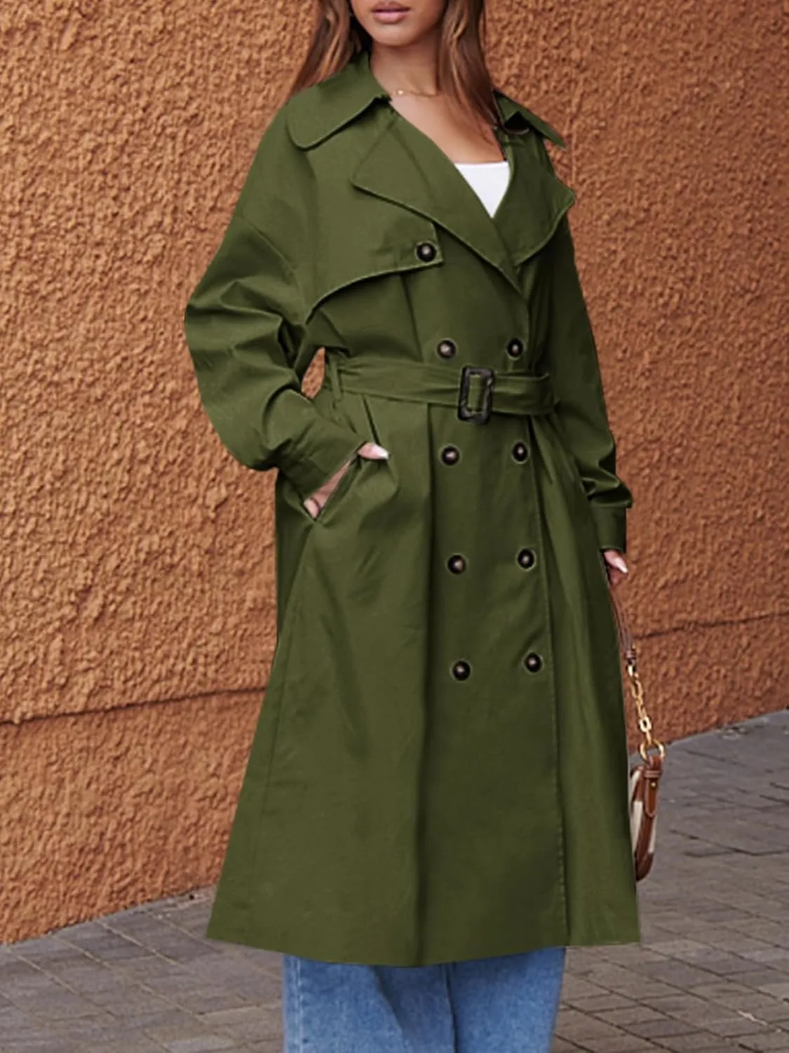 Tankaneo Womens Double Breasted Long Trench Coat Oversized Classic Lapel Belted Overcoat