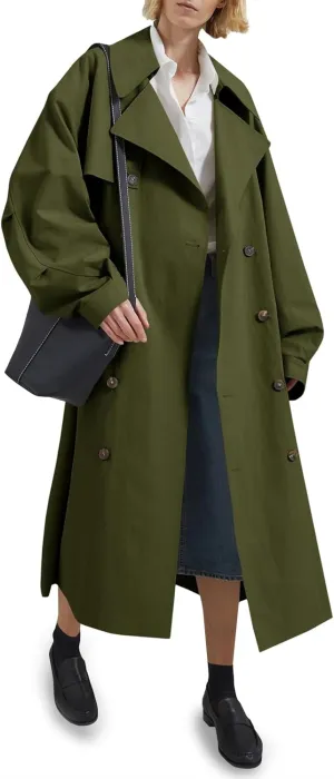 Tankaneo Womens Double Breasted Long Trench Coat Oversized Classic Lapel Belted Overcoat