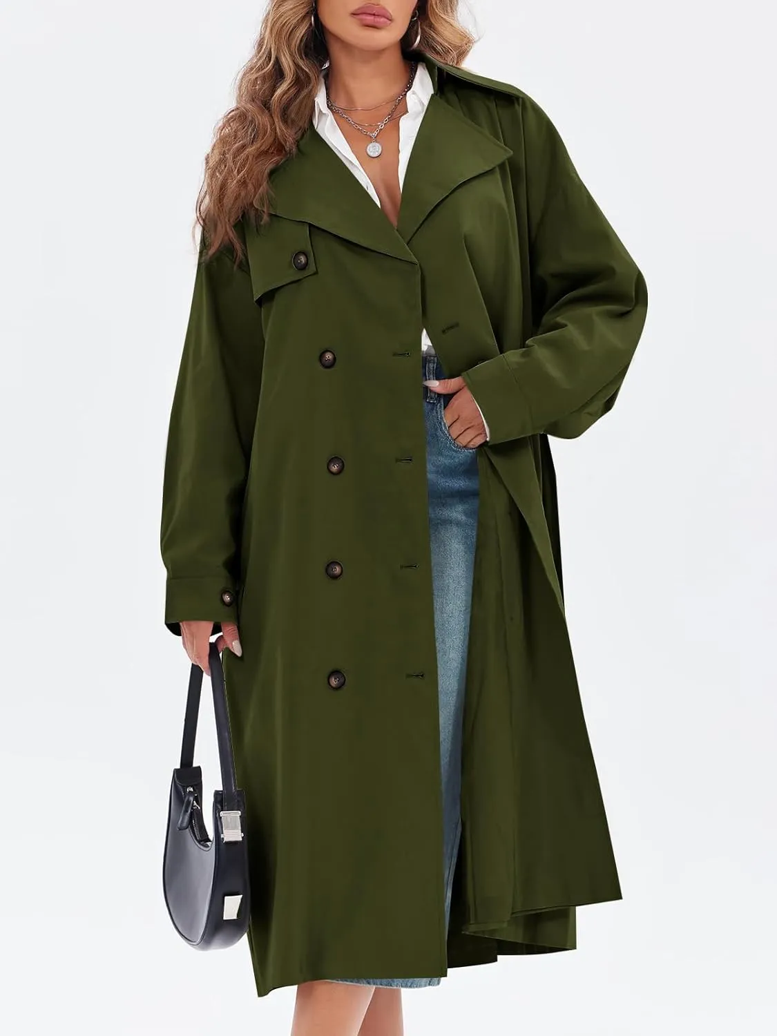 Tankaneo Womens Double Breasted Long Trench Coat Oversized Classic Lapel Belted Overcoat