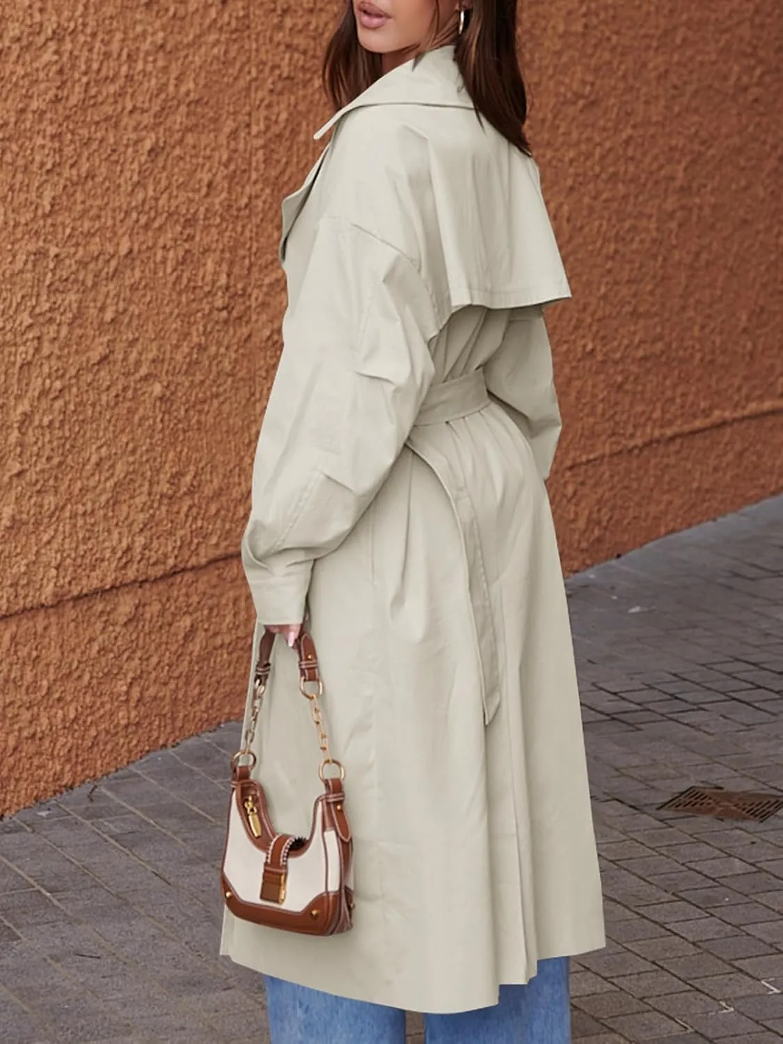 Tankaneo Womens Double Breasted Long Trench Coat Oversized Classic Lapel Belted Overcoat