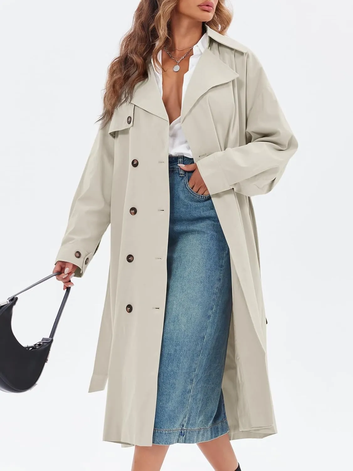 Tankaneo Womens Double Breasted Long Trench Coat Oversized Classic Lapel Belted Overcoat