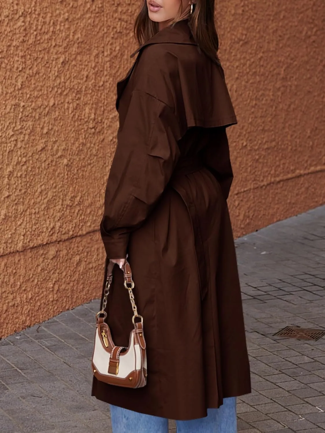 Tankaneo Womens Double Breasted Long Trench Coat Oversized Classic Lapel Belted Overcoat