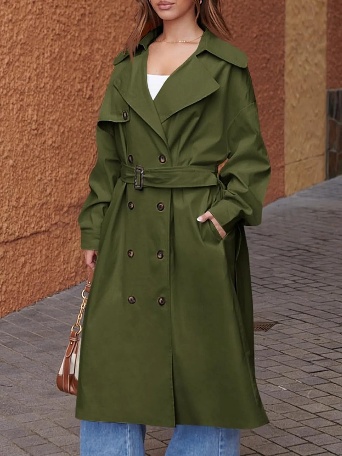 Tankaneo Womens Double Breasted Long Trench Coat Oversized Classic Lapel Belted Overcoat