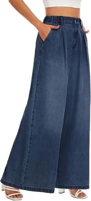 Tapata Women's 24"/27"/30"/33" Inseam Wide Leg Jeans Petite Elastic Waist Baggy Denim Pants Long Palazzo Trousers