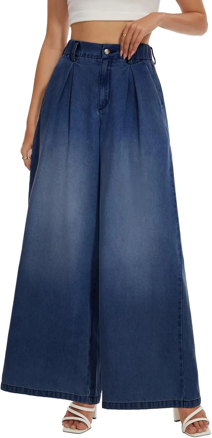 Tapata Women's 24"/27"/30"/33" Inseam Wide Leg Jeans Petite Elastic Waist Baggy Denim Pants Long Palazzo Trousers