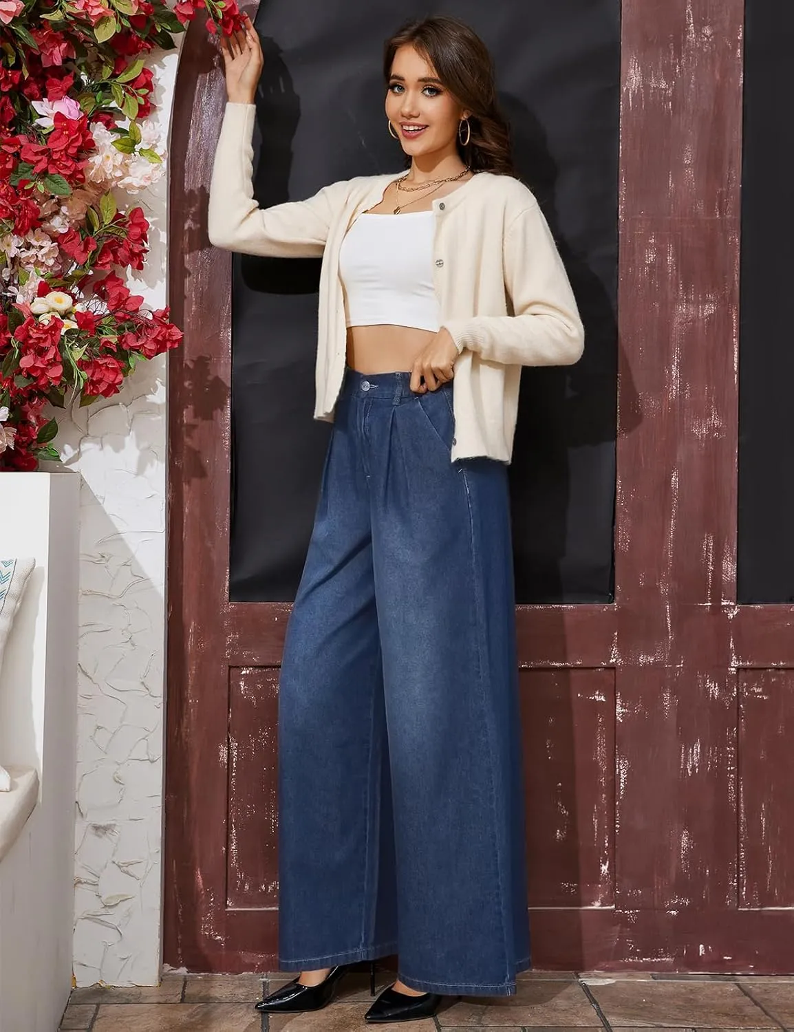 Tapata Women's 24"/27"/30"/33" Inseam Wide Leg Jeans Petite Elastic Waist Baggy Denim Pants Long Palazzo Trousers