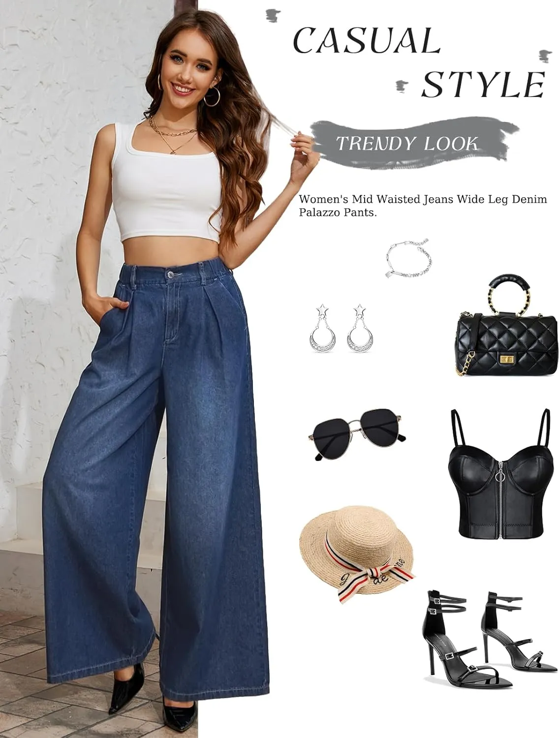 Tapata Women's 24"/27"/30"/33" Inseam Wide Leg Jeans Petite Elastic Waist Baggy Denim Pants Long Palazzo Trousers