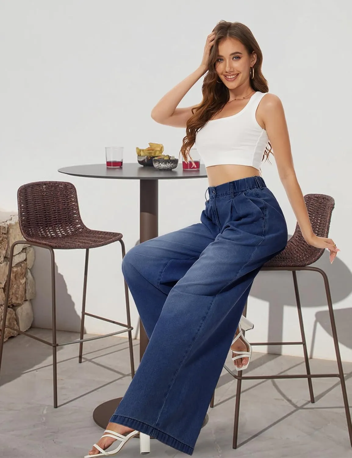 Tapata Women's 24"/27"/30"/33" Inseam Wide Leg Jeans Petite Elastic Waist Baggy Denim Pants Long Palazzo Trousers