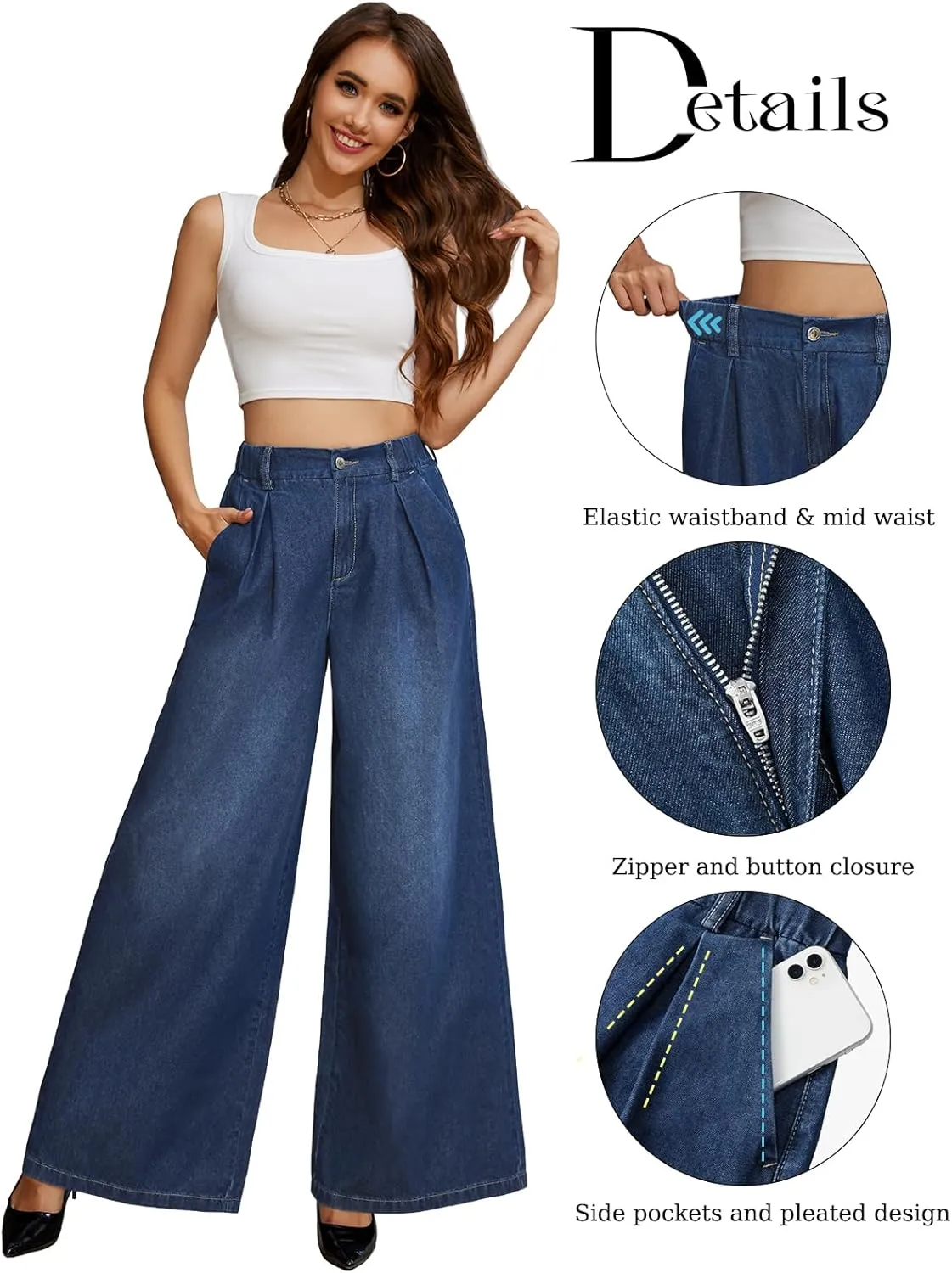 Tapata Women's 24"/27"/30"/33" Inseam Wide Leg Jeans Petite Elastic Waist Baggy Denim Pants Long Palazzo Trousers