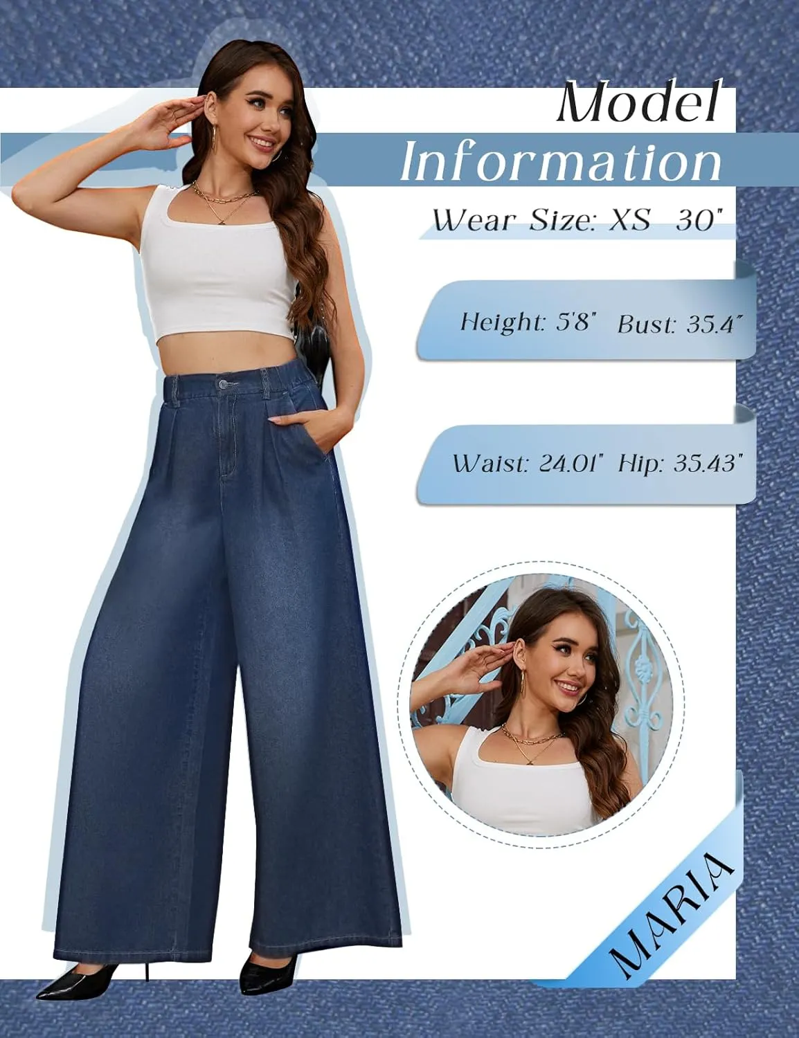Tapata Women's 24"/27"/30"/33" Inseam Wide Leg Jeans Petite Elastic Waist Baggy Denim Pants Long Palazzo Trousers