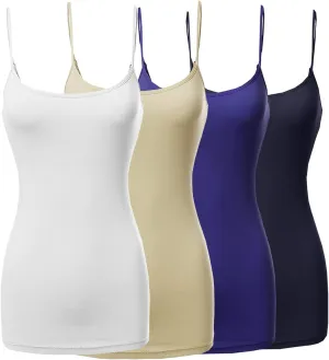The Lovely Womens & Juniors Basic Solid Long Length Adjustable Spaghetti Strap Tank Top - 4 Pack