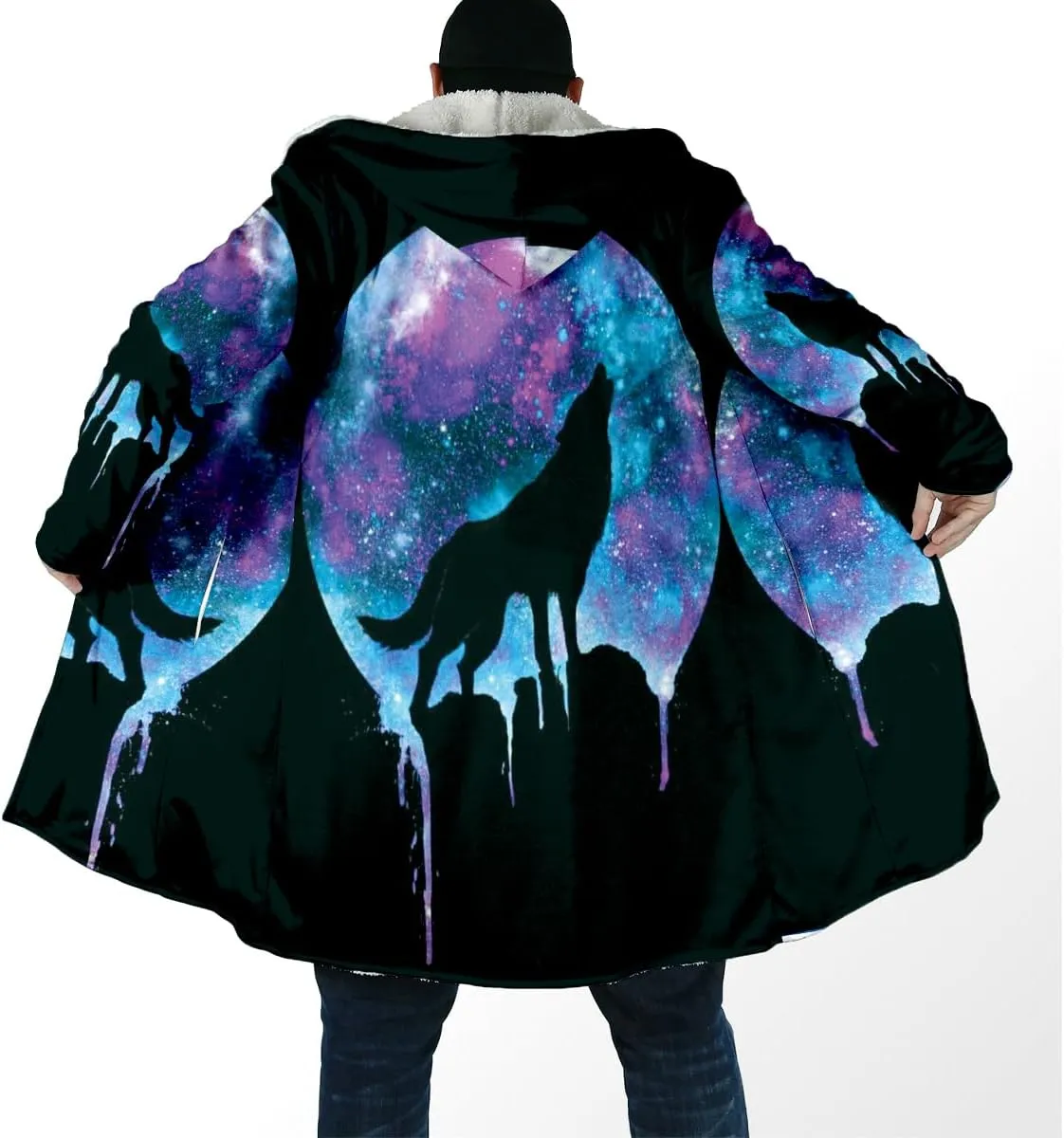 Thick Warm Hooded Cloak For Men Fenrir Wolf Valknut Tattoo Overcoat Coat Windproof Fleece Jacket