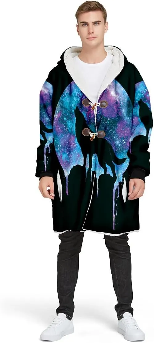Thick Warm Hooded Cloak For Men Fenrir Wolf Valknut Tattoo Overcoat Coat Windproof Fleece Jacket